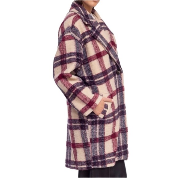Blank NYC Go Ahead Teddy Red Cream Plaid Oversized Wool Blend Button Jacket Coat - Picture 3 of 11
